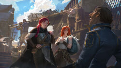  2girls 4boys absurdres armor beard_stubble belt belt_pouch bird blue_jacket blue_sky bracer brown_gloves brown_pants cape carrying clouds cloudy_sky decapitation dock facial_hair facial_tattoo frown gloves hand_on_own_hip highres jacket knife leather_armor looking_at_another mshen multiple_boys multiple_girls mustache net original pants pouch red_hair sash seagull ship siblings side_ponytail sisters sky smile stairs stubble surprised sword tank_top tattoo watercraft weapon white_tank_top 