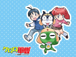 1girl 3boys alien black_eyes black_hair blue_background blue_eyes copyright_name frog hat hinata_fuyuki hinata_natsumi hood hoodie keroro keroro_gunsou long_hair multiple_boys official_art official_wallpaper pants red_hair shoes short_hair simple_background skirt socks star_(symbol) sweater tadpole tamama twintails yoshizaki_mine 