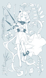  1girl :o absurdres animal_ears arknights barefoot cat_ears cat_girl cat_tail chi_ya commentary cuffs dress hands_on_own_chest highres leaf limited_palette looking_at_viewer plant rosmontis_(arknights) rosmontis_(become_anew)_(arknights) shackles solo tail 