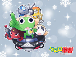  5boys alien black_eyes blue_eyes copyright_name dororo_(keroro_gunsou) frog giroro glasses grey_background hat headphones keroro keroro_gunsou kururu_(keroro_gunsou) looking_at_viewer mask mouth_mask multiple_boys ninja_mask no_humans official_art official_wallpaper simple_background snow star_(symbol) tadpole tamama ufo weapon yoshizaki_mine 