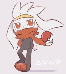  absurdres black_fur bright_pupils genjitsutouhi-kun grey_background highres holding holding_poke_ball looking_at_viewer multicolored_fur no_humans poke_ball poke_ball_(basic) pokemon pokemon_(creature) raboot red_eyes red_fur solo white_fur white_pupils 