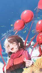  1girl ;d balloon black_corset black_hair blue_sky blunt_bangs breasts clouds commentary corset day english_commentary english_text floating_hair flower grey_hair happy_birthday highres holding holding_balloon holoadvent hololive hololive_english koromay_ho large_breasts long_hair long_sleeves looking_at_viewer multicolored_hair one_eye_closed open_mouth outdoors red_scarf red_sweater scarf shiori_novella sky smile solo split-color_hair sweater teeth two-tone_hair underbust upper_body upper_teeth_only virtual_youtuber yellow_eyes 