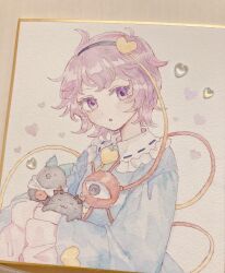  1girl :3 animal animalization bird black_hairband blue_shirt bow buttons cape cat chest_eye clothed_animal collared_shirt commentary_request disembodied_linked_eye eyeball frilled_shirt_collar frilled_sleeves frills green_bow hair_bow hair_ornament hairband heart heart_button heart_hair_ornament highres kaenbyou_rin kaenbyou_rin_(cat) komeiji_satori long_sleeves looking_at_viewer mozukuzu_(manukedori) photo_(medium) pink_eyes pink_hair reiuji_utsuho reiuji_utsuho_(bird) ribbon-trimmed_collar ribbon_trim shikishi shirt short_hair touhou traditional_media white_cape wide_sleeves 