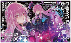  1girl alternate_color alternate_hair_color black_shirt blue_hair bow bowtie character_name commentary_request folding_fan fox_mask gradient_hair hand_fan hata_no_kokoro holding holding_polearm holding_weapon kobayashi_yoshitaka long_hair long_sleeves looking_at_viewer mask multicolored_hair multiple_views noh_mask open_mouth pink_eyes pink_hair pink_skirt plaid_clothes plaid_shirt polearm purple_bow purple_bowtie shirt skirt skirt_cutout touhou very_long_hair weapon wide_sleeves 