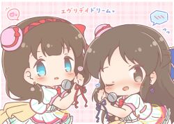  :d ;d blue_eyes blush brown_eyes brown_hair chibi commentary_request earrings flying_sweatdrops hat heart holding holding_microphone idolmaster idolmaster_cinderella_girls jacket jewelry long_hair looking_at_viewer microphone mini_hat mitarashi_neko one_eye_closed pink_hat plaid_background puffy_short_sleeves puffy_sleeves sakuma_mayu short_sleeves skirt smile spoken_blush spoken_heart striped_clothes striped_jacket striped_skirt tachibana_arisu tilted_headwear translation_request vertical-striped_clothes vertical-striped_jacket vertical-striped_skirt very_long_hair 