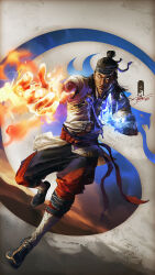 1boy arm_tattoo black_hair black_pants black_slippers blue_background blue_fire chinese_clothes commentary dragon_symbol dragon_tattoo english_commentary fire flaming_hand full_body glowing glowing_eyes glowing_tattoo gradient_background highres liu_kang liu_kang_(fire_god) male_focus medium_hair mortal_kombat mortal_kombat_(series) mortal_kombat_1_(2023) open_clothes open_shirt orange_background pants phng_11_02 red_pants red_sash sash shirt short_sleeves signature slippers tattoo white_background white_eyes white_shirt