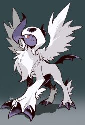  absol bright_pupils claws closed_mouth feathered_wings hair_over_one_eye highres horns looking_down mega_absol no_humans pokemon pokemon_(creature) pokemon_focus potatomaniaaa red_eyes shadow solo white_pupils wings 