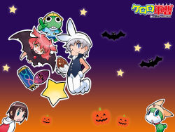  alien bat_(animal) black_eyes blue_eyes choker copyright_name frog halloween halloween_costume hat hinata_natsumi hinohara_tomosu hood hoodie houjou_mutsumi jacket keroro keroro_gunsou looking_at_viewer new_keroro_(keroro_gunsou) official_art official_wallpaper one_eye_closed pants pumpkin red_eyes simple_background sleeveless star_(sky) wings yoshizaki_mine 