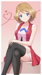  1girl absurdres black_thighhighs blonde_hair blue_eyes blue_ribbon breasts closed_mouth commentary_request crossed_legs earrings eyelashes highres jewelry looking_at_viewer neck_ribbon pokemon pokemon_(anime) pokemon_the_series:_xy ribbon serena_(pokemon) shirt short_hair sitting skirt sleeveless sleeveless_shirt smile solo thigh-highs zeki231 