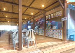  architecture blue_archive ceiling_light chair counter day display_case east_asian_architecture game_asset light_bulb menu_board monobloc_(chair) no_humans non-web_source official_art outdoors perspective pillar restaurant scenery self-datamine sign sunlight table wooden_ceiling wooden_floor wooden_table 