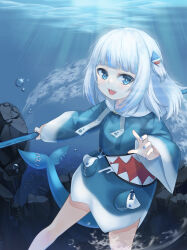  1girl :d blue_eyes blue_hair blue_hoodie blue_nails blunt_bangs blush commentary drawstring english_commentary feet_out_of_frame fins fish_tail gawr_gura highres hololive hololive_english hood hood_down hoodie long_hair long_sleeves looking_at_viewer multicolored_hair nail_polish one_side_up shark_girl shark_tail sharp_teeth sidelocks smile solo streaked_hair tail teeth thighs ugaaaa1 underwater virtual_youtuber 