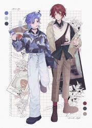  10_io 2boys alternate_costume animal_print belt black_choker black_shirt black_shoes boots brown_boots brown_pants cat_ear_smartphone_case cat_print cellphone character_name choker collared_shirt cup cursive disposable_cup english_text full_body grid_background hanasaki_miyabi highres hitodama holding holding_cup holding_phone holostars jacket lace-up_boots layered_shirt long_sleeves male_focus medium_hair minase_rio multiple_boys off-shoulder_jacket off_shoulder pants paper_background phone pinstripe_pattern pinstripe_shirt plaid_clothes plaid_pants polaroid_photo print_sweater purple_hair purple_sweater red_hair red_socks shirt shoes short_hair smartphone socks striped_clothes striped_shirt sweater sweater_vest tape vertical-striped_clothes vertical-striped_shirt violet_eyes virtual_youtuber white_background white_belt white_pants white_sweater_vest yellow_eyes 