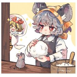  2girls animal_ear_fluff animal_ears apron black_apron black_streaks blonde_hair border bucket commentary_request cooking drooling food grey_hair hagoromo headscarf highres long_sleeves mame_komari mouse_(animal) mouse_ears mouse_girl mouth_drool multicolored_hair multiple_girls nazrin onigiri red_eyes rice shawl shirt short_hair sparkle sparkling_aura streaked_hair toramaru_shou touhou twitter_username white_border white_shirt wide_sleeves wooden_bucket yellow_eyes yellow_headscarf 