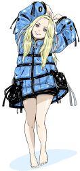  1girl arms_up barefoot blonde_hair blue_coat coat commentary_request diana_(pragmata) full_body highres long_hair padded_coat pragmata puffy_coat simple_background smile solo tamakoshi_hiroyuki 