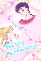  2girls ^_^ bishoujo_senshi_sailor_moon black_hair blonde_hair blue_eyes check_gender closed_eyes commentary_request crescent crescent_earrings double_bun earrings food fruit gender_request hair_bun happy_birthday highres holding holding_food holding_fruit jewelry kiririn_(pixiv_31446855) long_hair low_ponytail multiple_girls open_mouth pink_background ponytail seiya_kou star_(symbol) tsukino_usagi 