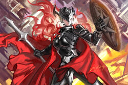  1girl absurdres armor black_armor boobplate breasts cape closed_mouth commentary_request covered_eyes cowboy_shot dated expressionless facing_viewer fake_horns floating_hair full_armor gauntlets helmet helmet_over_eyes highres holding holding_polearm holding_shield holding_weapon honkai:_star_rail honkai_(series) horned_helmet horns long_hair medium_breasts polearm red_cape red_hair seliose_(honkai:_star_rail) shield signature solo spear weapon yitai_zhi_meng 