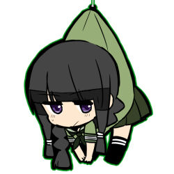  1girl black_hair black_socks blunt_bangs blush braid chibi chibi_only commentary_request green_neckerchief green_outline green_sailor_collar green_serafuku green_shirt green_skirt hair_over_shoulder kantai_collection kitakami_(kancolle) kneehighs long_sidelocks looking_at_viewer neckerchief oomori_(kswmr) outline pleated_skirt sailor_collar school_uniform serafuku shirt short_sleeves sidelocks simple_background single_braid skirt smile socks solo sweat violet_eyes white_background 