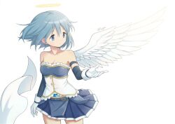  1girl angel angel_wings arm_strap armor bare_shoulders belt belt_buckle blue_belt blue_eyes blue_hair blue_skirt blue_sleeves breastplate buckle closed_mouth cowboy_shot detached_sleeves feathered_wings floating_hair gloves halo mahou_shoujo_madoka_magica midriff_peek miki_sayaka miki_sayaka_(magical_girl) miniskirt pleated_skirt purigetsu shirt short_hair simple_background single_wing skirt solo soul_gem strapless strapless_shirt turning_head white_background white_shirt wings 
