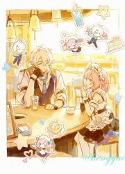  1boy 1girl apron black_dress black_vest blue_eyes chibi chinese_commentary commentary_request cup cyrene_(honkai:_star_rail) cyrene_(philia093)_(honkai:_star_rail) dress honkai:_star_rail honkai_(series) lavita42 maid maid_apron maid_headdress phainon_(honkai:_star_rail) pink_hair shirt short_hair smile table vest white_hair white_shirt 
