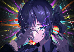  1girl absurdres ado_(utaite) ahoge blue_eyes braid braided_hair_rings chando_(ado) commentary eye_trail hair_rings hands_up hibana_(vocaloid) highres light_trail long_sleeves looking_at_viewer open_mouth solo upper_body utaite zing_(zingart) 