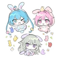  3girls ahoge animal_ears blue_eyes blue_hair character_request check_character chibi commentary easter fake_animal_ears green_hair hatsune_miku multiple_girls one_eye_closed onesie pink_eyes pink_hair rabbit sparkling_eyes twintails violet_eyes vocaloid waka_(wk4444) 