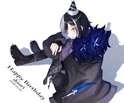  1girl black_boots black_coat black_hair black_nails boots character_name coat commentary_request dated grey_hair happy_birthday hat highres hololive hololive_english multicolored_hair party_hat quill shadow shiori_novella shiori_novella_(1st_costume) sitting solo soraha_123 split-color_hair two-tone_hair white_background yellow_eyes 