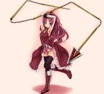  armpits arms_up black_legwear boots brooch chains detached_sleeves dress hair_bow jewelry magical_girl mahou_shoujo_madoka_magica panties polearm red_eyes red_hair redhead sakura_kyouko scharfschutze shadow solo spear standing thigh-highs thighhighs underwear weapon white_panties 