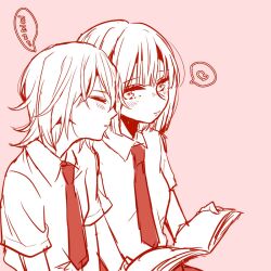  2girls amakura_mayu amakura_mio arms_at_sides blunt_bangs blush bob_cut book closed_mouth collared_shirt commentary fatal_frame fatal_frame_ii:_crimson_butterfly from_side greyscale_with_colored_background hand_up head_on_another's_shoulder heart highres holding holding_book light_smile looking_at_another looking_to_the_side multiple_girls necktie official_alternate_costume open_book parted_lips pink_background red_necktie sakurada_en school_uniform shirt short_hair short_sleeves siblings side-by-side sideways_glance simple_background sisters sitting sleeping sleeping_on_person sleeping_upright spoken_heart spoken_zzz spot_color twins zzz 