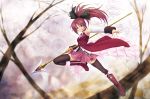  blurry boots depth_of_field highres kazuma_muramasa long_hair magical_girl mahou_shoujo_madoka_magica mouth_hold pocky polearm ponytail red_eyes red_hair redhead sakura_kyouko solo spear thigh-highs thighhighs weapon 