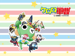  6+boys alien armor black_eyes blue_eyes copyright_name dororo_(keroro_gunsou) frog full_body giroro glasses hat headphones helmet japanese_armor jinbaori kabuto_(helmet) keroro keroro_gunsou kururu_(keroro_gunsou) lance looking_at_viewer mask mouth_mask multiple_boys new_keroro_(keroro_gunsou) ninja ninja_mask official_art official_wallpaper one_eye_closed polearm simple_background star_(symbol) tadpole tamama weapon yoshizaki_mine 