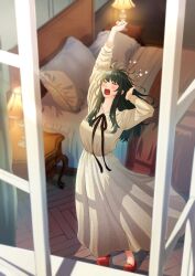  1girl arm_up bed black_hair black_ribbon closed_eyes drawer from_outside highres hutarikiri2025 lamp long_hair morning nightgown pillow ribbon slippers solo spy_x_family standing white_nightgown window yawning yor_briar 
