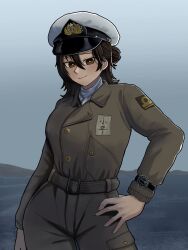  1girl brown_eyes brown_hair flight_suit hair_bun hands_on_own_hips hat highres imperial_japanese_navy japan jashin_gopnik kodaira_miharu_(kaibokan) name_tag original peaked_cap scarf smile watch watch world_war_ii 