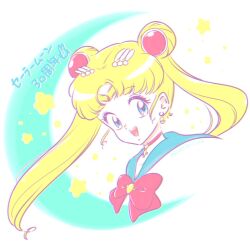 1girl :d anniversary bishoujo_senshi_sailor_moon blonde_hair blue_background blue_eyes choker crescent crescent_choker crescent_earrings double_bun earrings hair_bun highres jewelry long_hair magical_girl open_mouth portrait punch121ykk sailor_moon sailor_senshi smile solo star_(symbol) star_symbol_background tsukino_usagi twintails 