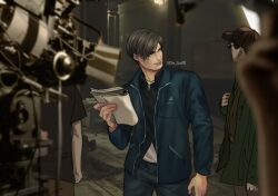  1boy alternate_universe black_shirt blue_jacket brown_hair che_sue00 collared_shirt cowboy_shot game_screenshot_background highres holding holding_paper jacket leon_s._kennedy looking_to_the_side male_focus paper people resident_evil resident_evil_2 resident_evil_2_(remake) screenshot_background shirt short_hair solo_focus undershirt white_shirt 