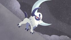  absol bright_pupils claws commentary crescent forehead_jewel grey_background highres horns looking_at_viewer no_humans pokemon pokemon_(creature) pokemon_focus red_eyes ririko_(nagareboshi) single_horn sky solo untranslatable_commentary white_pupils 