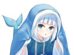  1girl blanket blue_eyes blue_hair blue_hoodie blunt_bangs blush commentary drawstring english_commentary fins fish_tail gawr_gura highres hololive hololive_english hood hood_down hoodie long_sleeves looking_at_viewer multicolored_hair open_mouth shark_girl shark_tail sidelocks simple_background solo streaked_hair tail ugaaaa1 upper_body virtual_youtuber white_background 