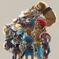  2girls 3boys absurdres arm_at_side arm_fins arm_up armor backlighting beak beard bird_boy bird_tail blonde_hair blue_eyes blue_fur blue_gem blue_hair blue_skirt blue_tunic blue_wings blush_stickers body_fur boobplate bracelet braid breastplate breasts chain circlet closed_mouth colored_skin dark-skinned_female dark_skin daruk earrings eyeliner facial_hair facial_mark feathered_wings fins fish_girl forehead_mark from_behind gem gerudo gold goron green_eyes grey_background grin hand_on_own_chin hand_on_own_hip hands_on_own_chest hands_on_own_hips hands_up happy head_fins headpiece highres hoop_earrings incredibly_absurdres jewelry link long_hair looking_at_viewer looking_back makeup medium_hair midriff mipha multicolored_skin multiple_boys multiple_girls mustache neck_ring necklace official_art own_hands_together pants pointy_ears ponytail pouch profile quad_braids quad_tails red_eyeliner red_gem red_hair red_skin revali rito scratching_head shoulder_armor simple_background skirt small_breasts smile standing stroking_own_chin tail takumi_wada teeth the_legend_of_zelda the_legend_of_zelda:_breath_of_the_wild thick_eyebrows third-party_source tunic two-tone_fur two-tone_skin undershirt urbosa white_fur white_hair white_pants white_skin winged_arms wings yellow_skin zora 
