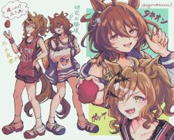  2girls agnes_tachyon_(boundless_laboratory)_(umamusume) agnes_tachyon_(umamusume) agoumauma2 ahoge animal_ears basketball_jersey bean_bag black_shorts blue_jacket blush breasts brown_hair collarbone commentary_request hair_between_eyes hair_ornament hairclip highres holding horse_ears horse_girl horse_tail jacket jersey jungle_pocket_(umamusume) letterman_jacket long_sleeves medium_hair multiple_girls notched_ear official_alternate_costume open_clothes open_jacket open_mouth red_eyes red_jersey shoes shorts sleeveless small_breasts smile socks sports_bra sportswear tail teeth umamusume white_jersey white_shorts white_socks 