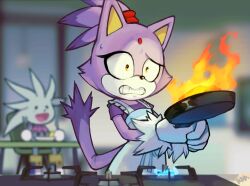  ._. 1boy 1girl :d animal_ears animal_nose apron aqua_apron artist_name blaze_the_cat blaze_the_cat_(apron) blurry blurry_background body_fur boots burning cat_ears cat_girl cat_tail chair clenched_teeth commentary cooking depth_of_field english_commentary fire flat_chest flipped_hair fork frilled_apron frills front_bow frying_pan furry furry_female furry_male gloves hands_up happy hedgehog_boy highres holding holding_fork holding_frying_pan holding_knife indoors ketrindarkdragon knee_boots knife looking_at_another official_alternate_costume open_mouth purple_fur purple_hair purple_shirt shirt short_hair short_sleeves signature silver_the_hedgehog sitting smile sonic_(series) sonic_channel stove sweatdrop t-shirt table tail teeth waist_ribbon white_fur white_gloves wide-eyed yellow_eyes 