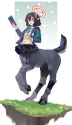  1girl :d armband ayane_(blue_archive) black_hair black_jacket black_skirt blue_archive blue_armband blue_necktie centaur chinese_commentary collared_shirt commentary_request commission cross_hair_ornament flat_chest full_body glasses hair_between_eyes hair_ornament halo highres holding holding_tablet_pc hooves horse_tail jacket long_sleeves looking_at_viewer mixed-language_commentary monster_girl multiple_legs necktie old-night open_clothes open_jacket open_mouth plaid_clothes plaid_skirt pointy_ears rearing red-framed_eyewear red_halo school_uniform shirt short_hair sidelocks skirt smile solo standing sweater_vest tablet_pc tail taur yellow_eyes yellow_sweater_vest 