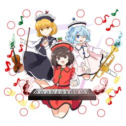  3girls absurdres arm_up black_hat black_skirt black_vest blonde_hair blue_eyes blue_hair bow_(music) brown_eyes brown_hair closed_mouth commentary_request crescent crescent_hat_ornament danmaku frilled_hat frills hat hat_ornament highres instrument keyboard_(instrument) long_sleeves looking_at_viewer lunasa_prismriver lyrica_prismriver marione medium_hair merlin_prismriver multiple_girls musical_note one_eye_closed open_mouth pink_hat pink_skirt pink_vest red_hat red_skirt red_vest shirt siblings sisters skirt skirt_set smile star_(symbol) star_hat_ornament touhou trumpet vest violin white_shirt yellow_eyes 