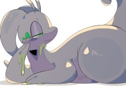  colored_skin goodra green_eyes grey_background grey_skin highres looking_to_the_side lying narrowed_eyes no_humans on_stomach pokemon pokemon_(creature) simple_background slime_(substance) solo valkenite 
