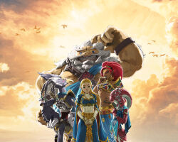  2boys 3girls absurdres arm_at_side arm_fins arm_up armor backlighting beak beard bird_boy bird_tail blonde_hair blue_shirt body_fur boobplate bracelet braid breastplate breasts chain circlet closed_mouth clouds cloudy_sky cropped_shirt daruk earrings elbow_gloves facial_hair facial_mark feathered_wings fingerless_gloves fins fish_girl flock_of_birds forehead forehead_mark from_behind gerudo gloves gold_trim goron grin hand_on_own_chin hand_on_own_hip hands_on_own_chest hands_on_own_hips hands_up happy head_fins headpiece highres hoop_earrings incredibly_absurdres jewelry long_hair long_sleeves looking_at_viewer looking_back medium_hair midriff mipha multiple_boys multiple_girls mustache neck_ring necklace official_art orange_sky outdoors own_hands_together pants pointy_ears ponytail pouch princess_zelda profile quad_braids quad_tails revali rito scratching_head shirt shirt_tucked_in shoulder_armor skirt sky small_breasts smile standing stroking_own_chin sunrise tail takumi_wada teeth the_legend_of_zelda the_legend_of_zelda:_breath_of_the_wild third-party_source undershirt urbosa white_gloves wide_sleeves winged_arms wings zora 