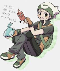  1boy backpack bag beanie black_hair blush brendan_(pokemon) brown_eyes character_doll commentary_request doll drop_shadow fingerless_gloves full_body gloves green_bag hat highres male_focus open_mouth orange_gloves pants pokemon pokemon_emerald pokemon_ruby/sapphire/emerald popped_collar rotom shirt shoes short_hair short_sleeves swablu sweatdrop tako_meshi_(kendamania_2000) teeth translation_request upper_teeth_only white_background 