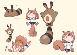  >_< 1girl ? @_@ animal_ears brown_eyes brown_gloves clenched_hands closed_eyes closed_mouth commentary_request crossover extra_ears gloves hanasato_minori highres janstalker lying multiple_views on_stomach outline outstretched_arms parted_lips pokemon pokemon_(creature) project_sekai sentret short_sleeves shorts simple_background sleeping squirrel_ears squirrel_girl white_outline yellow_background zzz 