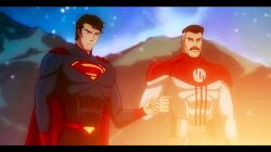  2boys black_hair blue_eyes cape crossover dc_comics facial_hair fist_bump foltest_animations grey_hair hill invincible_(series) multiple_boys mustache omni-man sky star_(sky) superman superman_(series) viltrumite viltrumite_clothes 