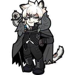  1boy :3 animal_ears animal_on_shoulder arknights bird bkub black_boots black_cape black_hair black_jacket black_necktie black_pants boots cape chibi chibi_only colored_tips fur-trimmed_cape fur_trim grey_eyes grey_hair half-closed_eyes hand_on_own_hip highres jacket multicolored_hair necktie official_art pants shirt silverash_(arknights) smile snow_leopard_boy snow_leopard_ears snow_leopard_tail solo tachi-e tail tenzin_(arknights) third-party_source transparent_background white_hair white_shirt 