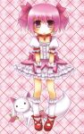  animal_ears argyle argyle_background bow bubble_skirt choker creature dress gloves hair_ribbon jewelry kaname_madoka kneehighs kyubey kyuubee magical_girl mahou_shoujo_madoka_magica misato_miyu pink pink_background pink_eyes pink_hair puffy_sleeves red_eyes ribbon shoes short_hair short_twintails tail twintails 