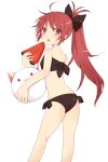  bad_id bikini character_doll doll fang food from_behind fruit highres holding holding_fruit ichihashi kyubey kyuubee looking_back mahou_shoujo_madoka_magica no_nose ponytail red_eyes red_hair redhead sakura_kyouko simple_background solo swimsuit watermelon 