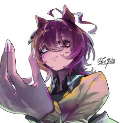  1girl agnes_tachyon_(tach-nology)_(umamusume) agnes_tachyon_(umamusume) ahoge animal_ears black_necktie brown_hair closed_mouth commentary_request earrings hair_between_eyes highres horse_ears horse_girl jewelry long_sleeves necktie red_eyes rinka_(tonariuta) shirt short_necktie simple_background single_earring smile solo sweater sweater_vest umamusume upper_body white_background wolf_cut yellow_sweater yellow_sweater_vest 